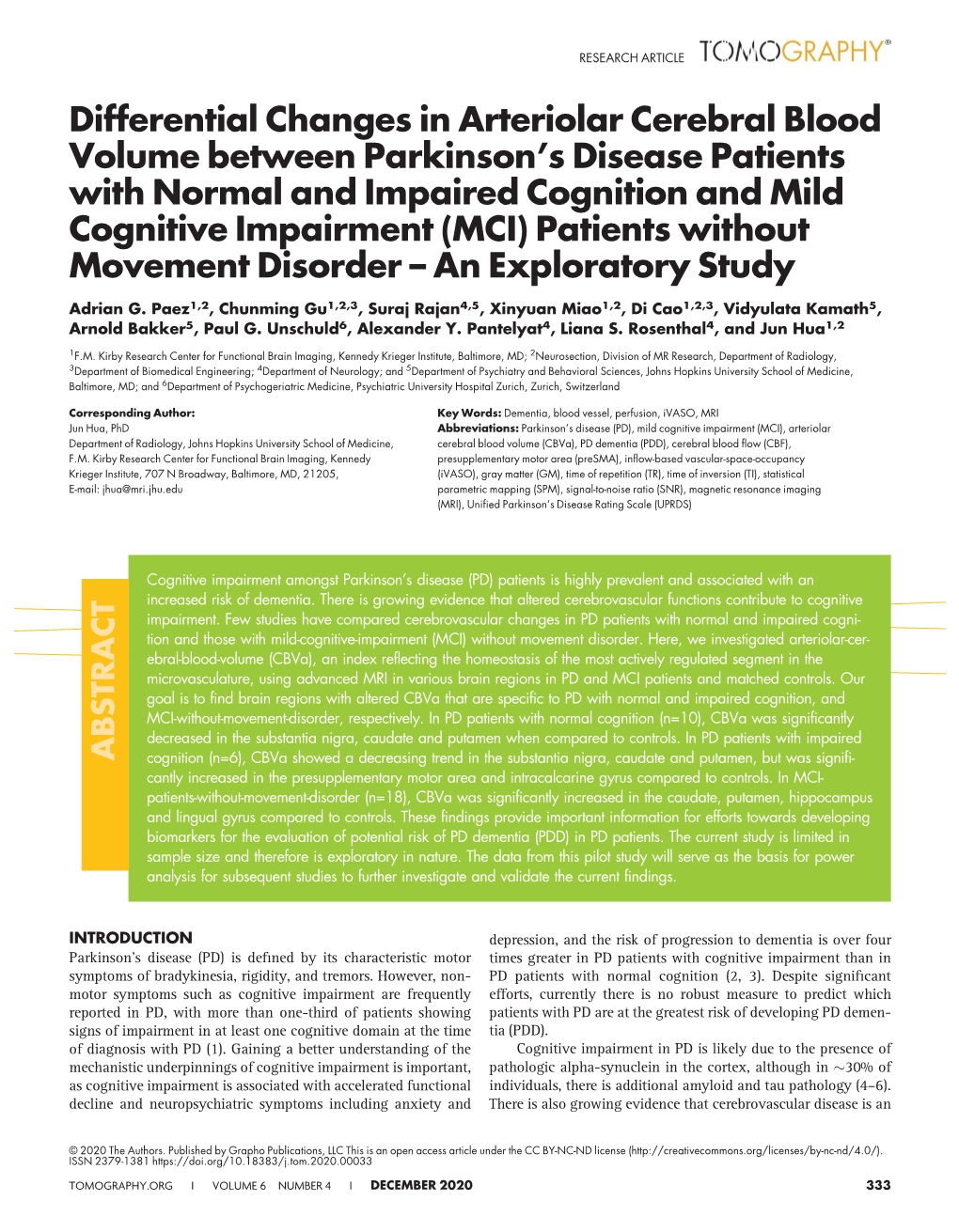 Differential Changes in Arteriolar Cerebral Blood Volume Between Parkinson's Disease Patients with Normal and Impaired Cogniti