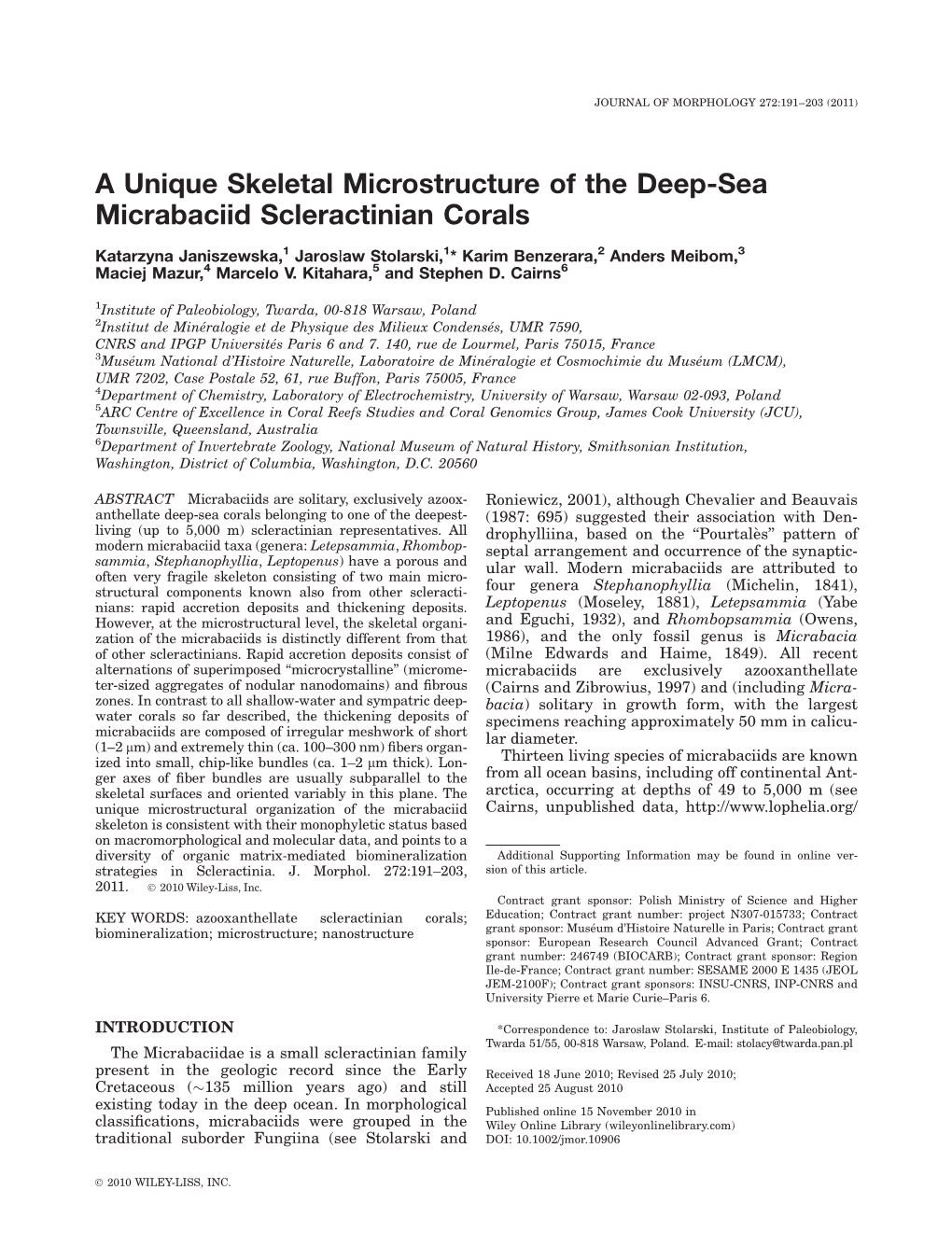 A Unique Skeletal Microstructure of the Deepsea Micrabaciid Scleractinian