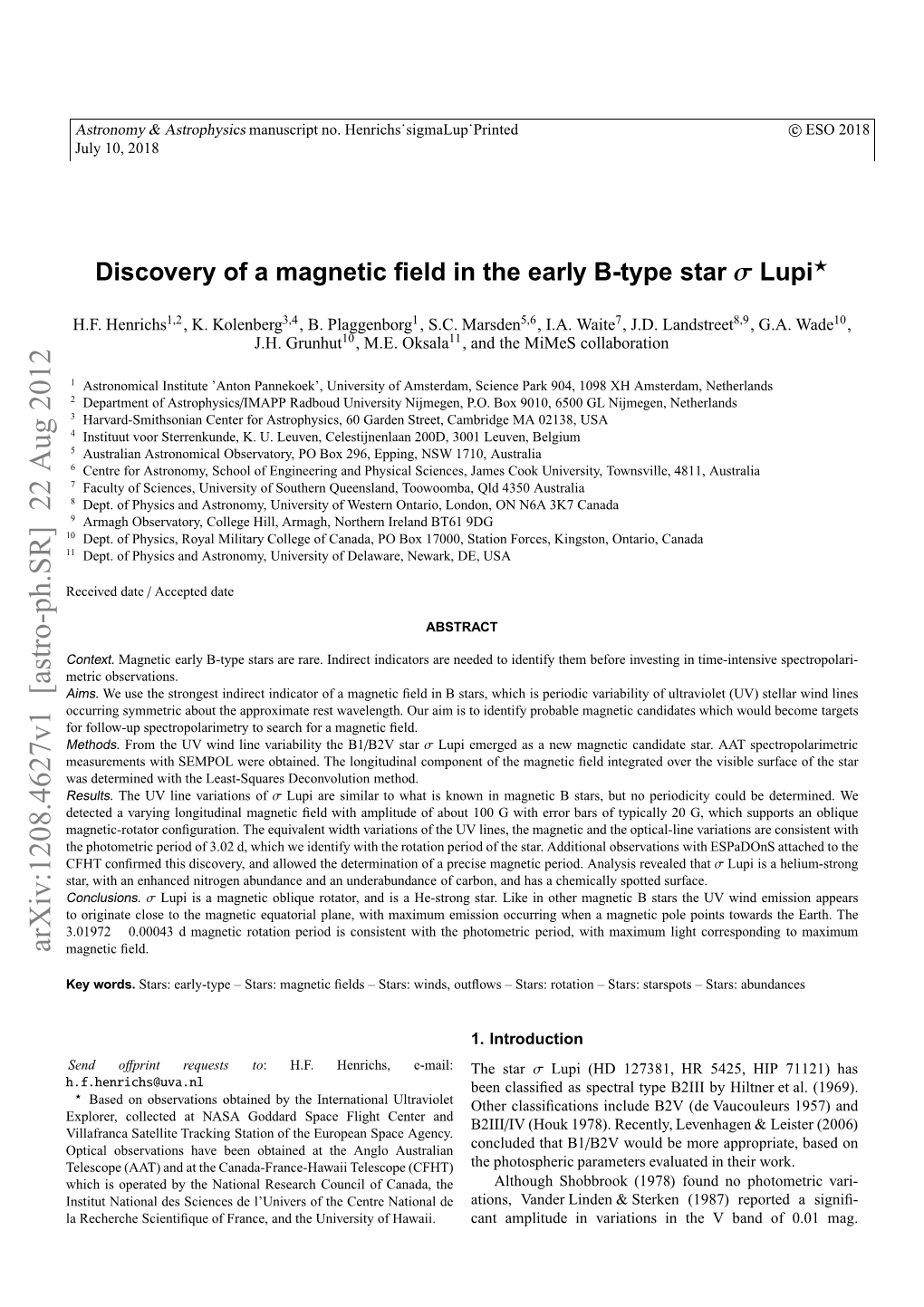 Discovery of a Magnetic Field in the Early B-Type Star Sigma Lupi