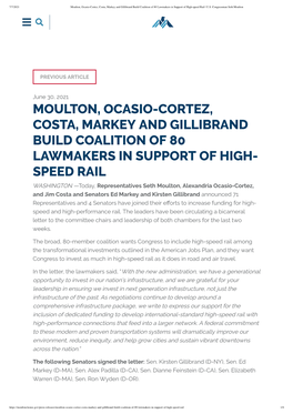 Moulton, Ocasio-Cortez, Costa, Markey and Gillibrand Build Coalition of 80 Lawmakers in Support of High-Speed Rail | U.S