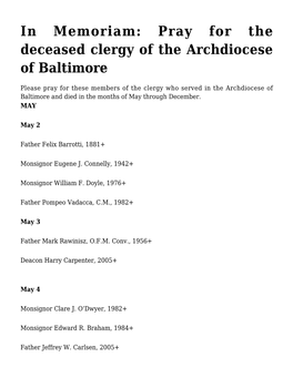 In Memoriam: Pray for the Deceased Clergy of the Archdiocese of Baltimore