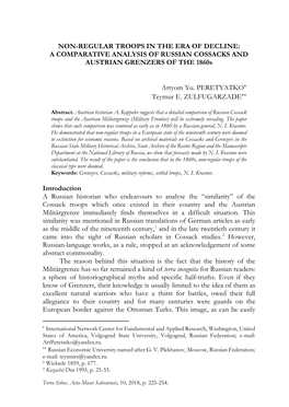 NON-REGULAR TROOPS in the ERA of DECLINE: a COMPARATIVE ANALYSIS of RUSSIAN COSSACKS and AUSTRIAN GRENZERS of the 1860S