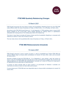 FTSE MIB Quarterly Rebalancing Changes 15 March 2021 FTSE MIB