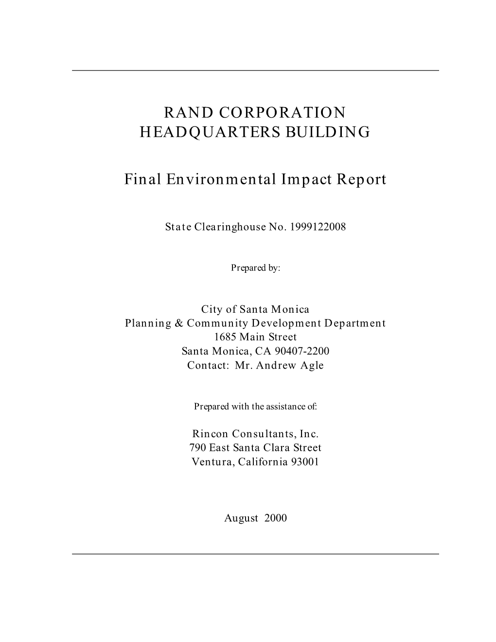 Rand Corporation Headquarters Building Final EIR Table of Contents