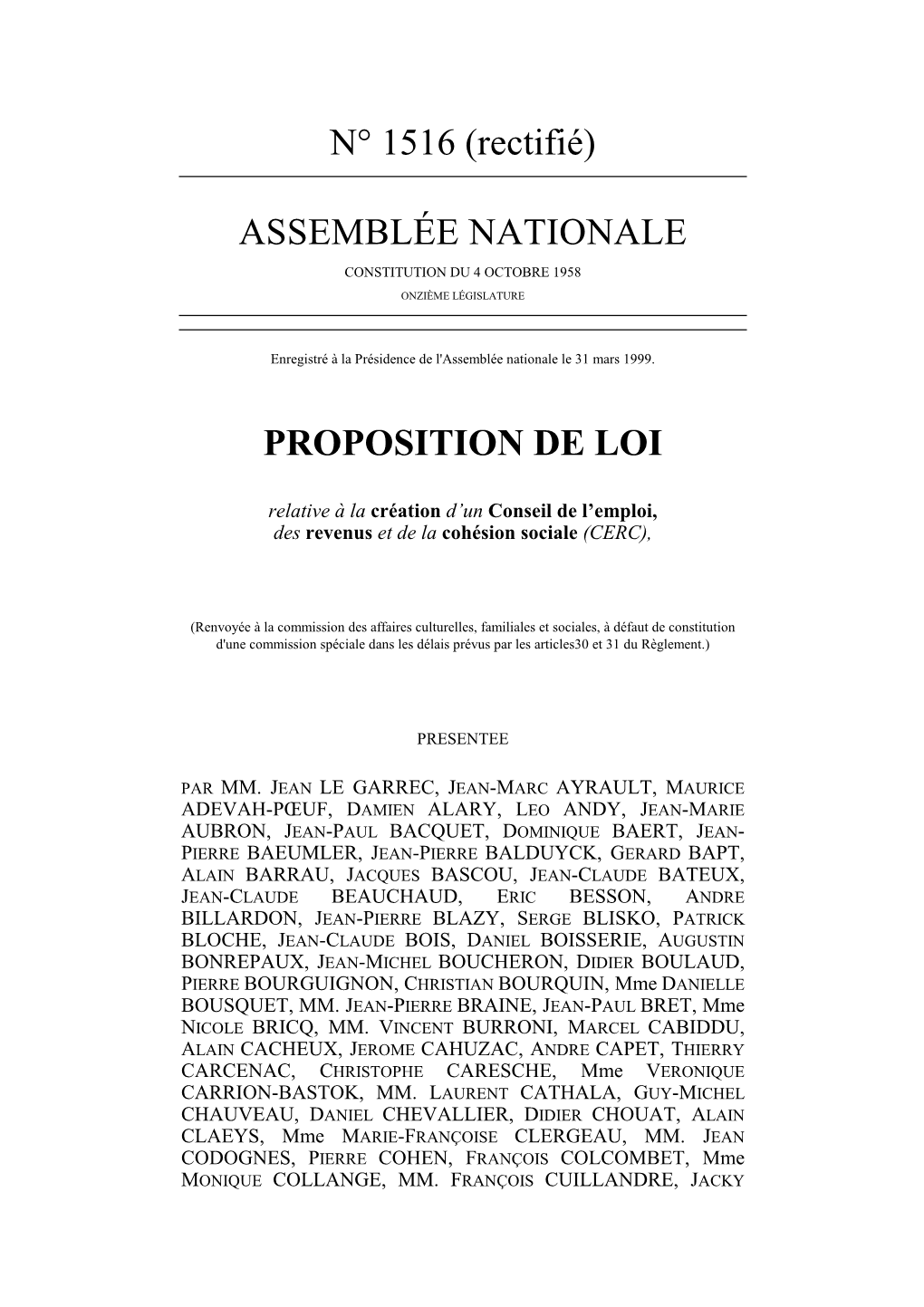 N° 1516 (Rectifié) ASSEMBLÉE NATIONALE PROPOSITION DE