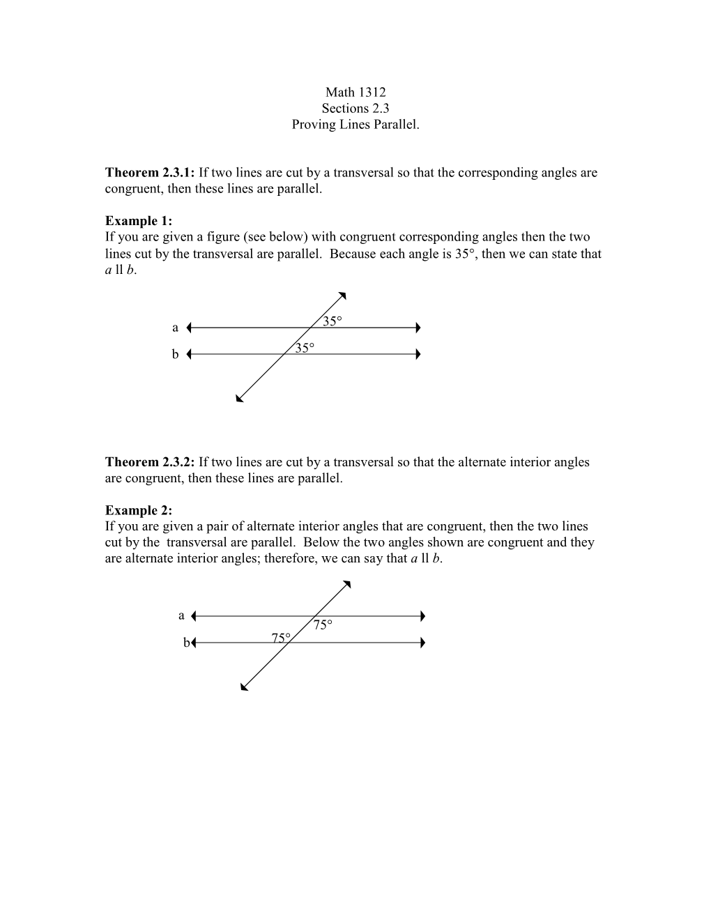 Math 1312 Sections 2.3 Proving Lines Parallel. Theorem 2.3.1: If Two Lines