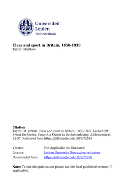 Class and Sport in Britain, 1850-1939 Taylor, Matthew