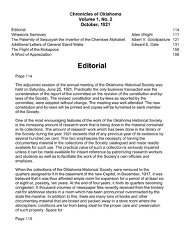 Editorial 114 Wheelock Seminary Allen Wright 117 the Paternity of Sequoyah the Inventor of the Cherokee Alphabet Albert V