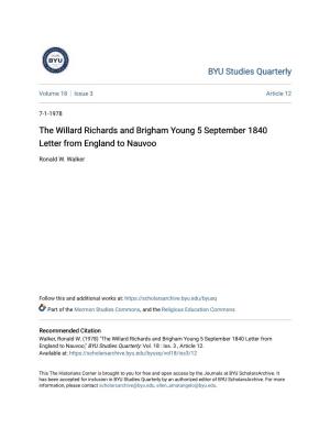 The Willard Richards and Brigham Young 5 September 1840 Letter from England to Nauvoo