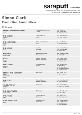 Simon Clark Production Sound Mixer