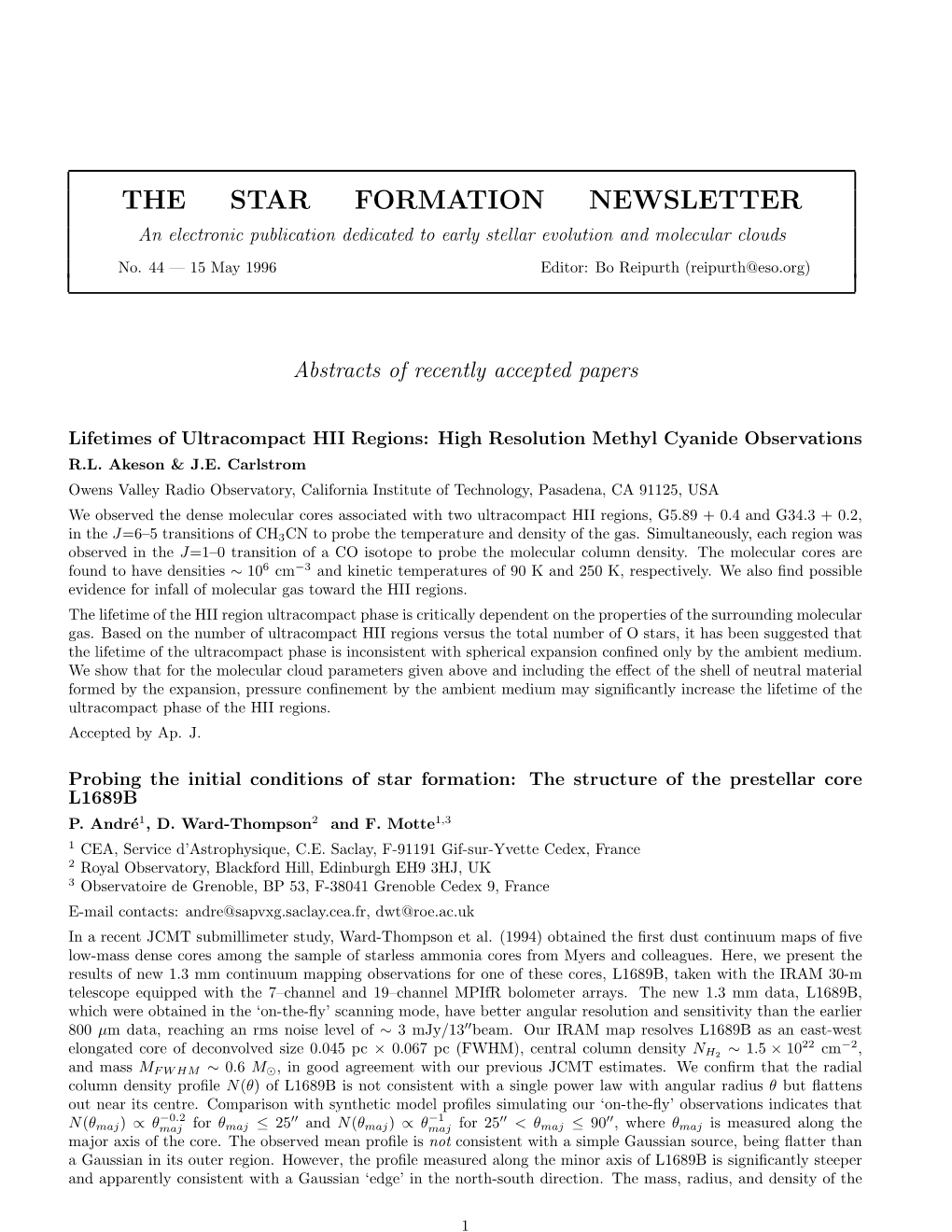 THE STAR FORMATION NEWSLETTER an Electronic Publication Dedicated to Early Stellar Evolution and Molecular Clouds