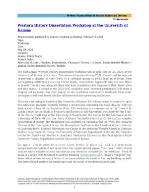 Western History Dissertation Workshop at the University of Kansas