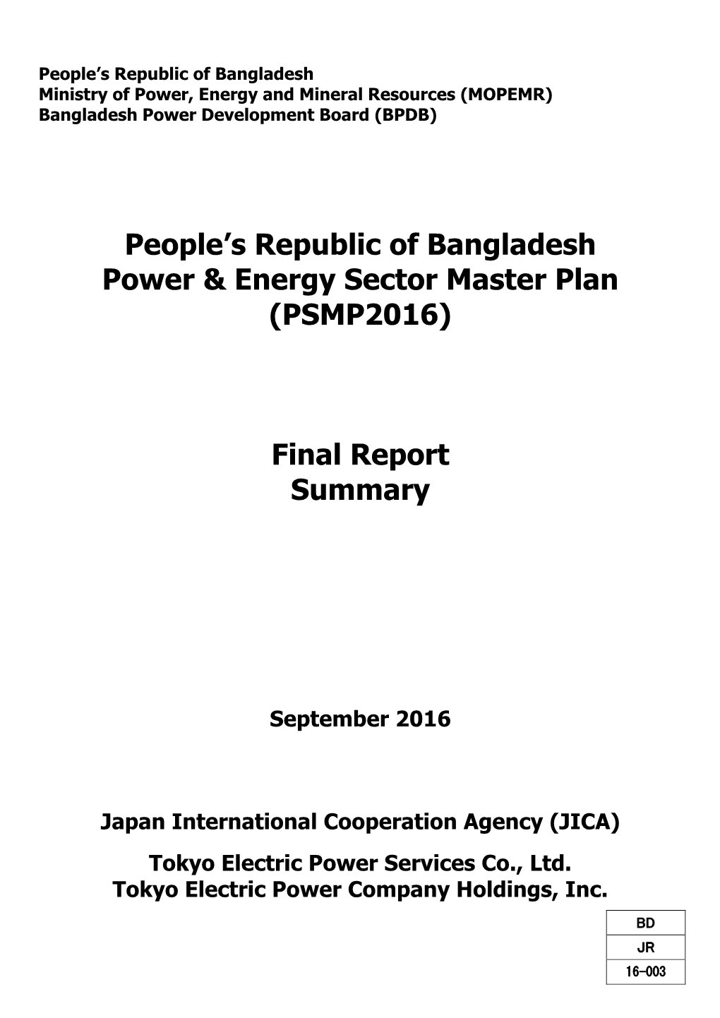 People's Republic of Bangladesh Power & Energy Sector Master Plan - DocsLib