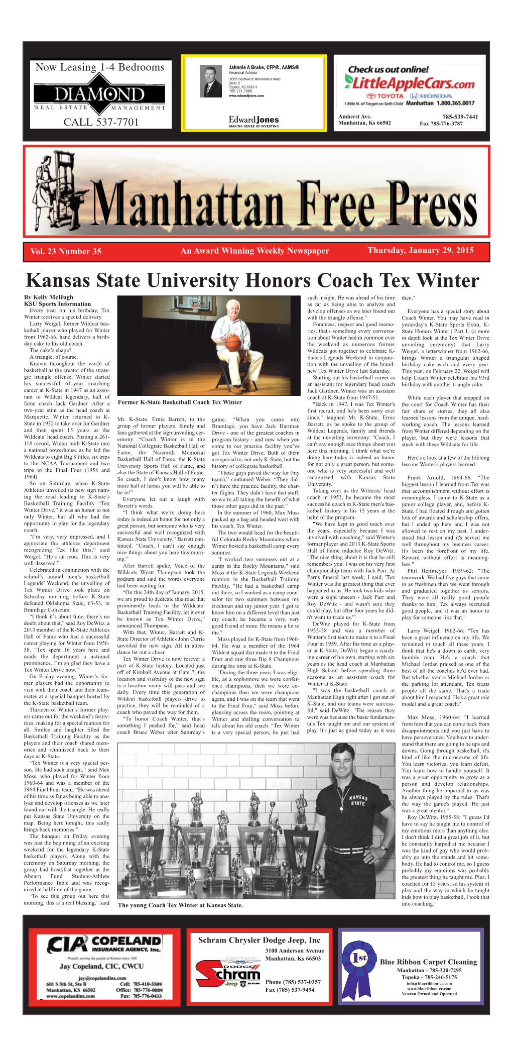 Kansas State University Honors Coach Tex Winter by Kelly Mchugh Such Insight