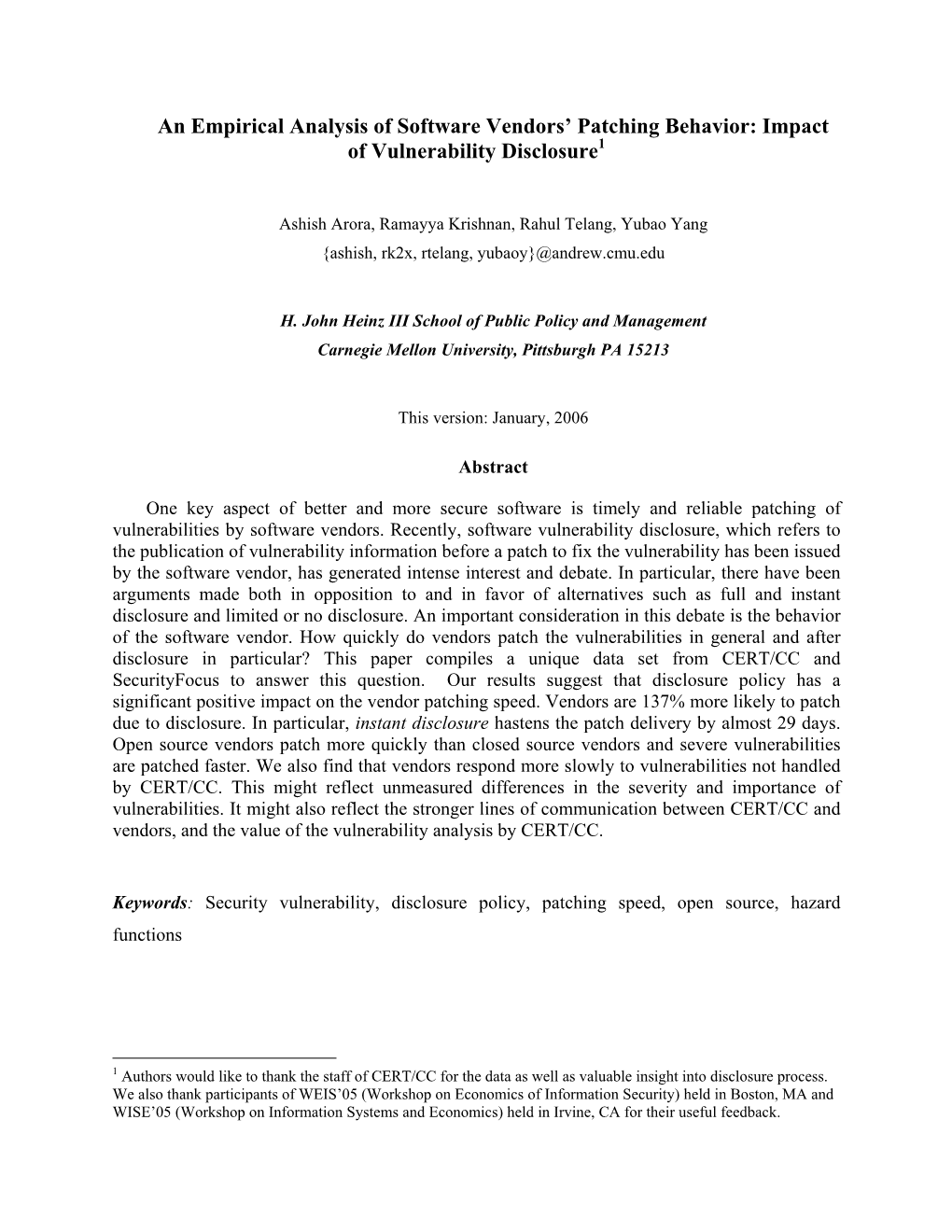 Empirical Analysis of Software Vendors' Patching Behavior: Impact