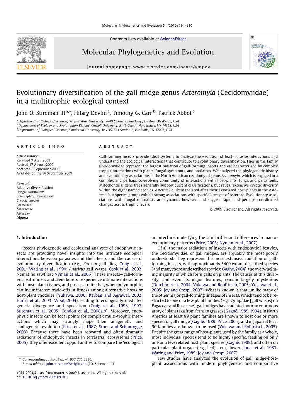 Evolutionary Diversification of the Gall Midge Genus Asteromyia