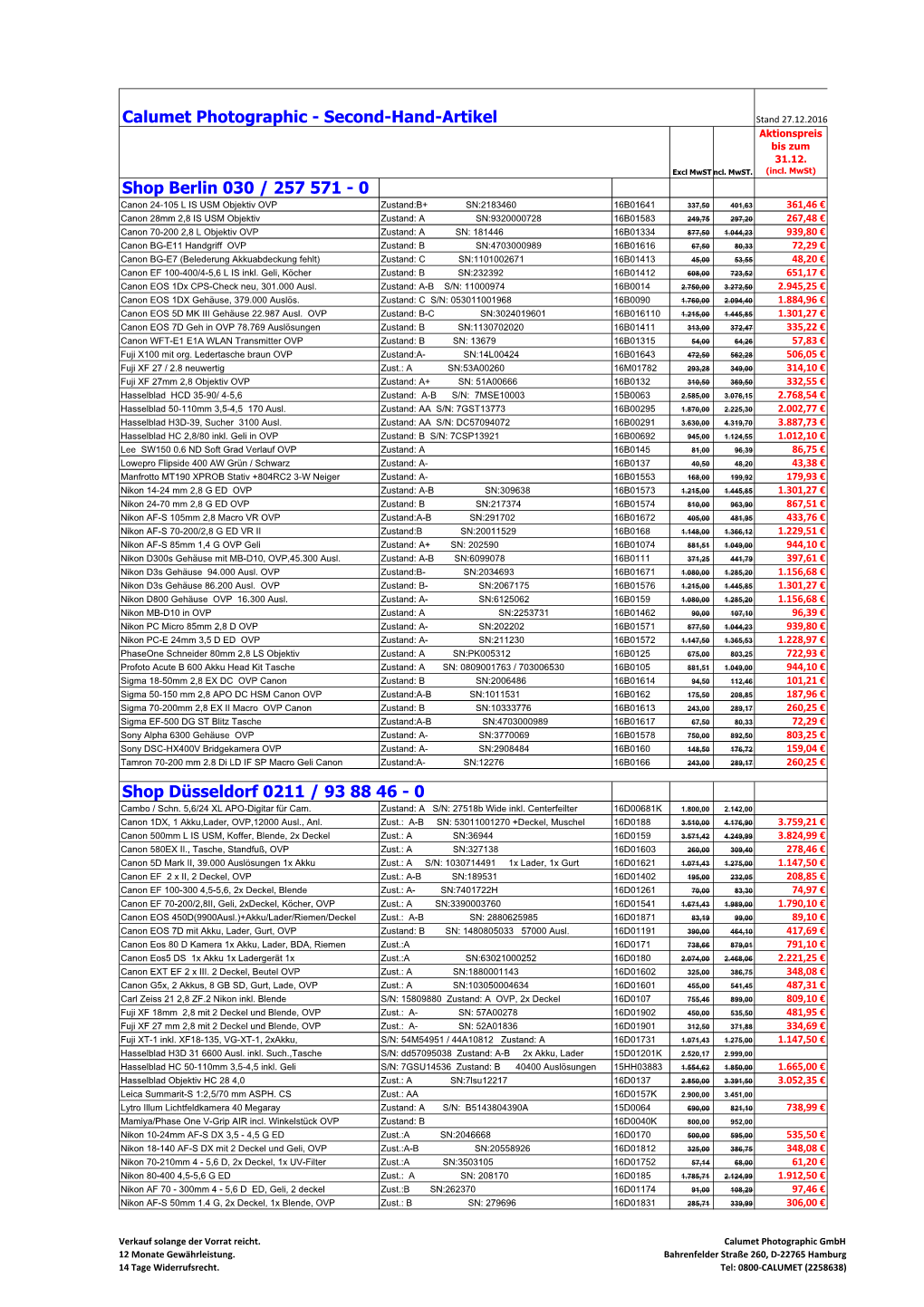 Second-Hand-Artikel Stand 27.12.2016 Aktionspreis Bis Zum 31.12