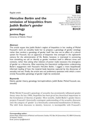 Herculine Barbin and the Omission of Biopolitics from Judith Butler's