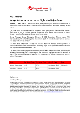 Kenya Airways to Increase Flights to Bujumbura