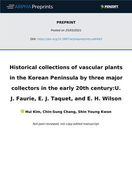 Historical Collections of Vascular Plants in the Korean Peninsula by Three Major Collectors in the Early 20Th Century:U. J. Faur