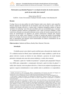 Fabricando Ou Produzindo Popstars? a Revelação De Tensões Do Circuito Musical a Partir De Um Reality Show Musical Heitor Da L