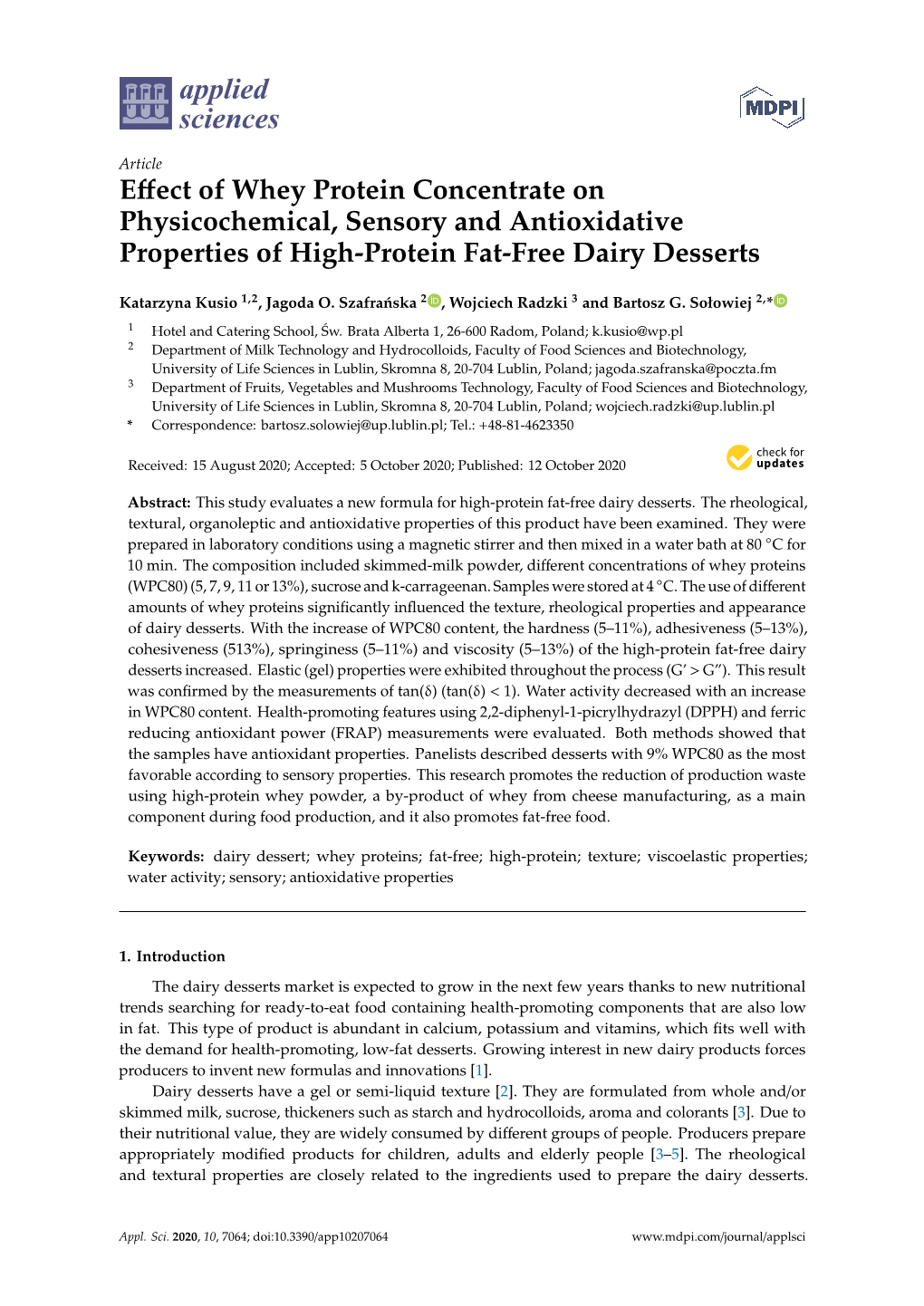 Effect of Whey Protein Concentrate on Physicochemical, Sensory and Antioxidative Properties of High-Protein Fat-Free Dairy Desse