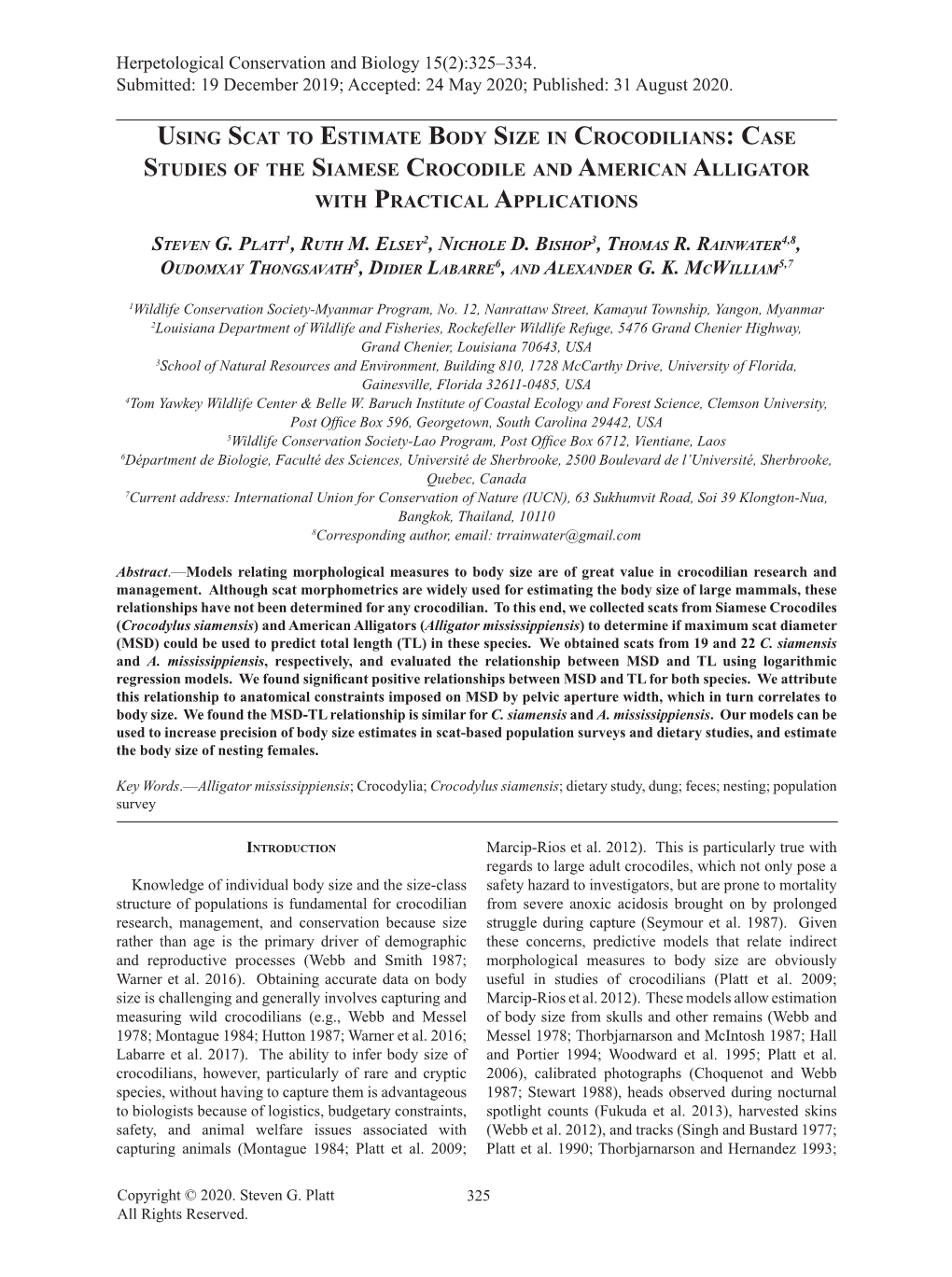 Using Scat to Estimate Body Size in Crocodilians: Case Studies of the Siamese Crocodile and American Alligator with Practical Applications