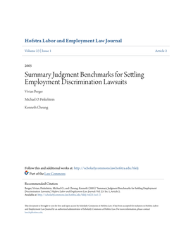 Summary Judgment Benchmarks for Settling Employment Discrimination Lawsuits Vivian Berger