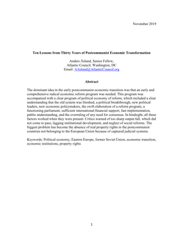 1 November 2019 Ten Lessons from Thirty Years of Postcommunist Economic Transformation Anders Åslund, Senior Fellow, Atlantic