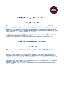 FTSE MIB Quarterly Rebalancing Changes 16 September 2019 FTSE