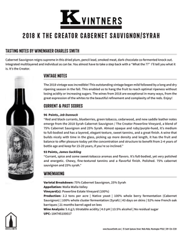 2018 K the Creator Cabernet Sauvignon/Syrah