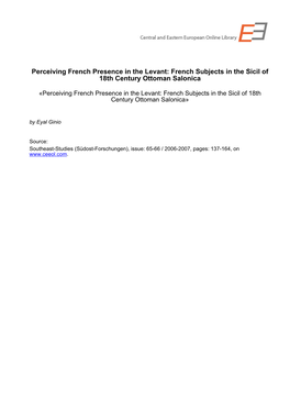 Perceiving French Presence in the Levant: French Subjects in the Sicil of 18Th Century Ottoman Salonica