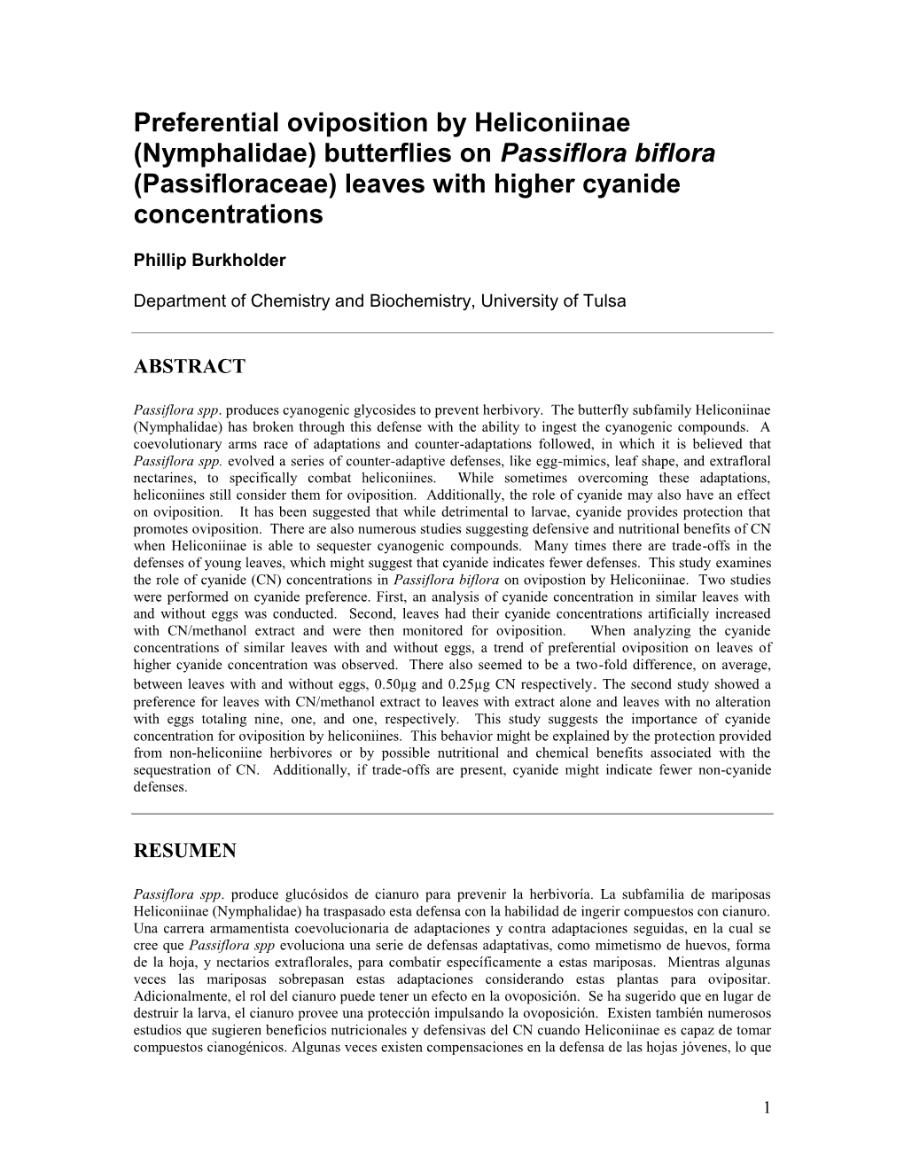 Preferential Oviposition by Heliconiinae (Nymphalidae) Butterflies on Passiflora Biflora (Passifloraceae) Leaves with Higher Cyanide Concentrations