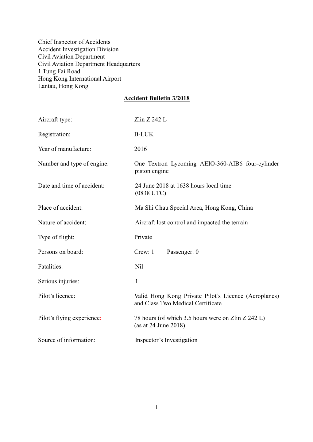 Accident Bulletin 3/2018 Preliminary Report on Zlin Z242L Registration B