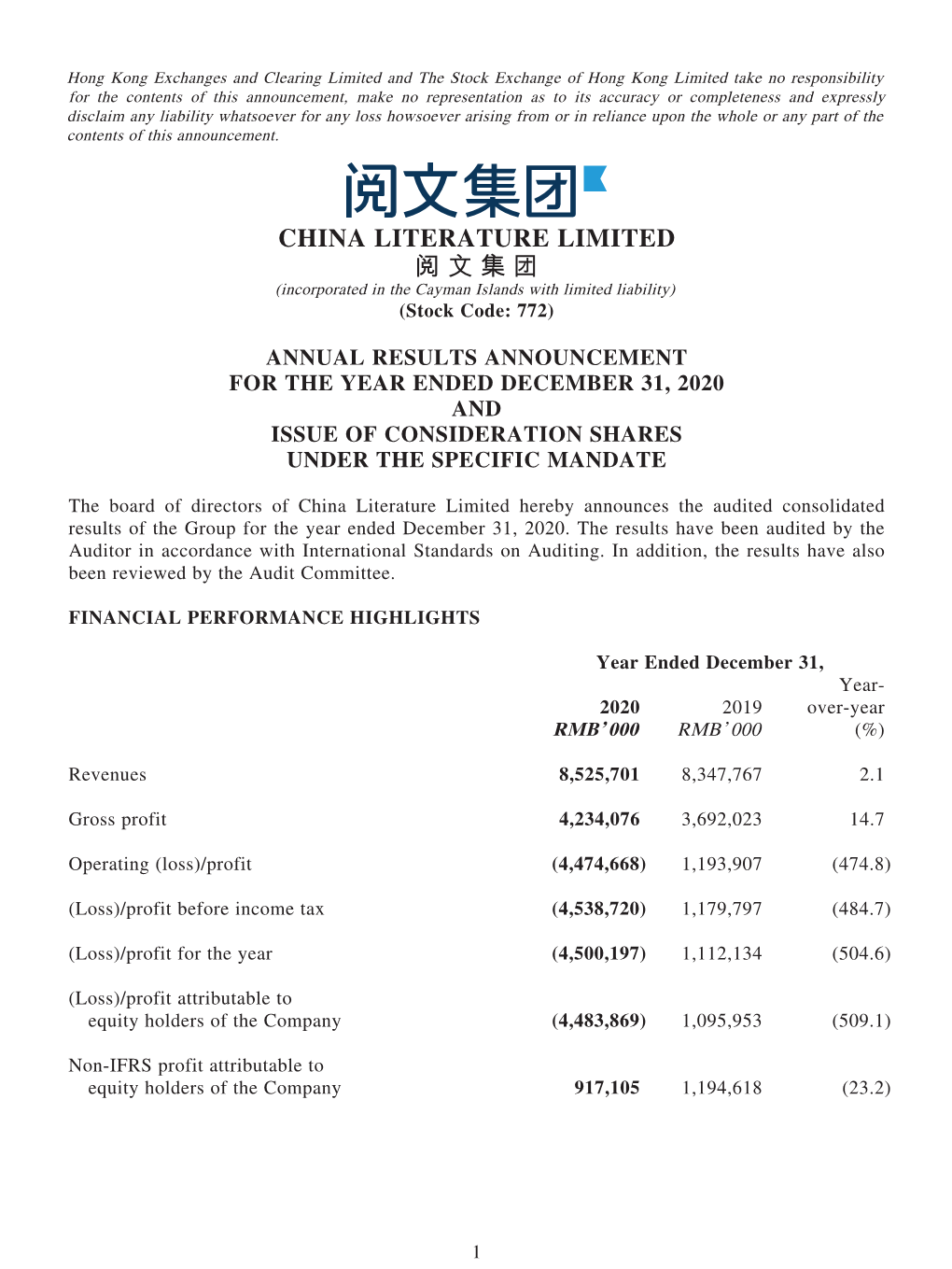 CHINA LITERATURE LIMITED 閱文集團 (Incorporated in the Cayman Islands with Limited Liability) (Stock Code: 772)