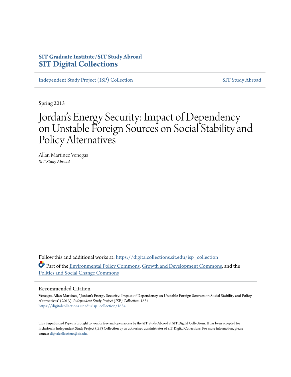 Jordan's Energy Security: Impact of Dependency on Unstable Foreign