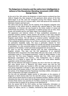 The Bulgarians in America and the Native-Born Intelligentsia in Defence of the Macedonian Liberating Movement (1899-1903) George Genov - Phd