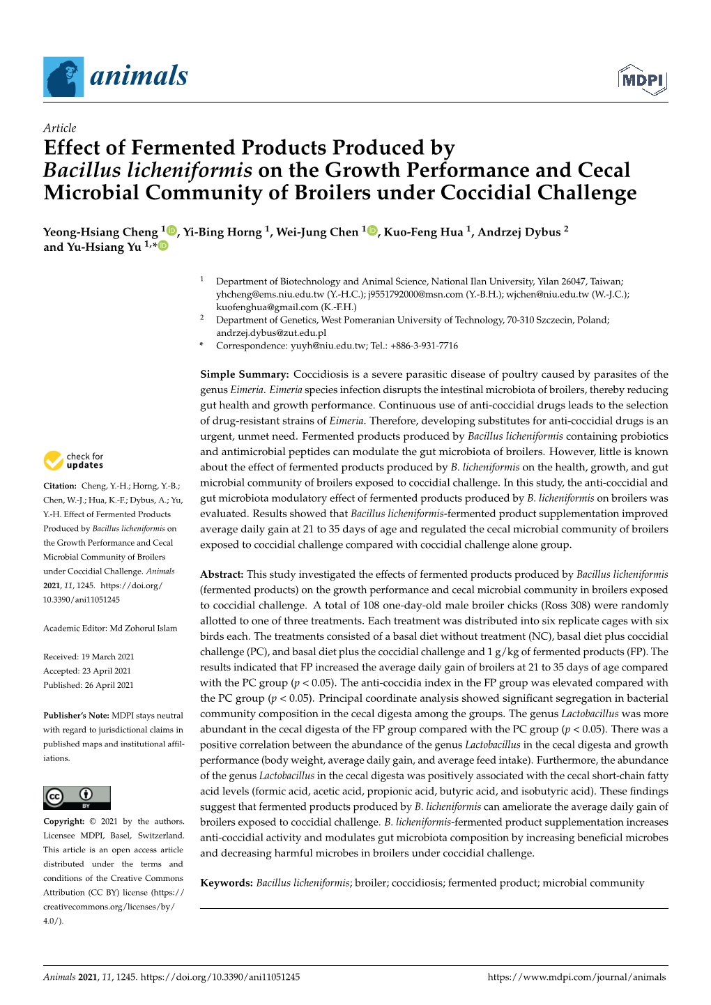 Effect of Fermented Products Produced by Bacillus Licheniformis on the Growth Performance and Cecal Microbial Community of Broilers Under Coccidial Challenge