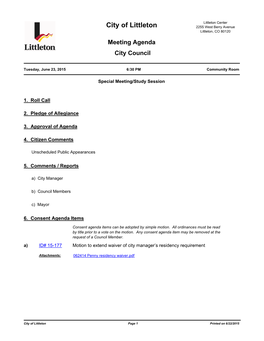 City of Littleton 2255 West Berry Avenue Littleton, CO 80120 Meeting Agenda City Council