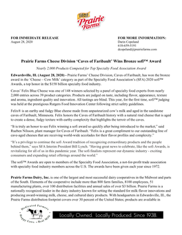 Prairie Farms Cheese Division 'Caves of Faribault' Wins Bronze Sofi™ Award