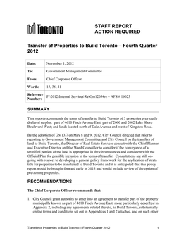 Transfer of Properties to Build Toronto – Fourth Quarter 2012