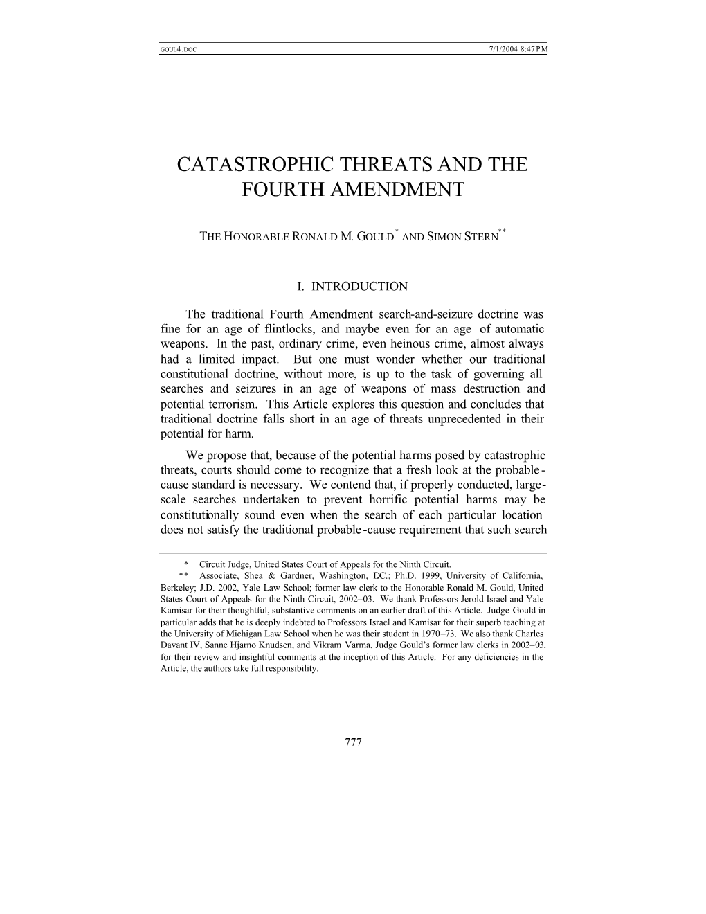 Catastrophic Threats and the Fourth Amendment