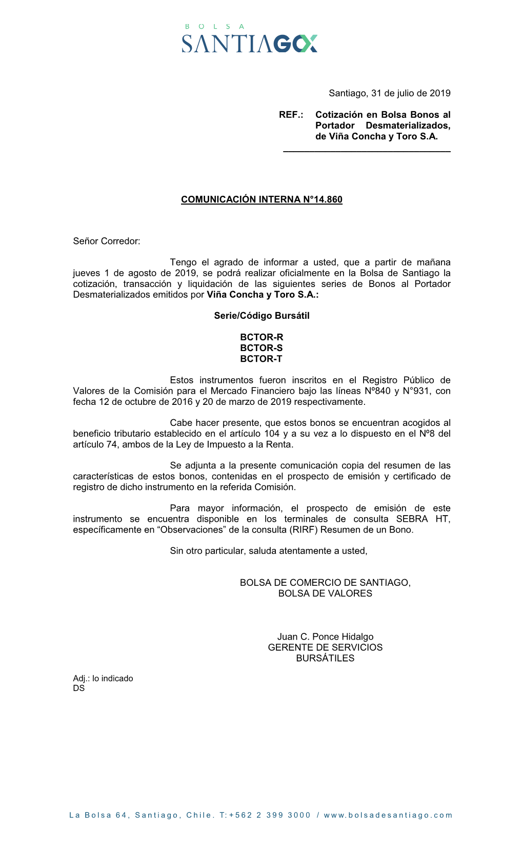 Cotización En Bolsa Bonos Al Portador Desmaterializados, De Viña Concha Y Toro S.A