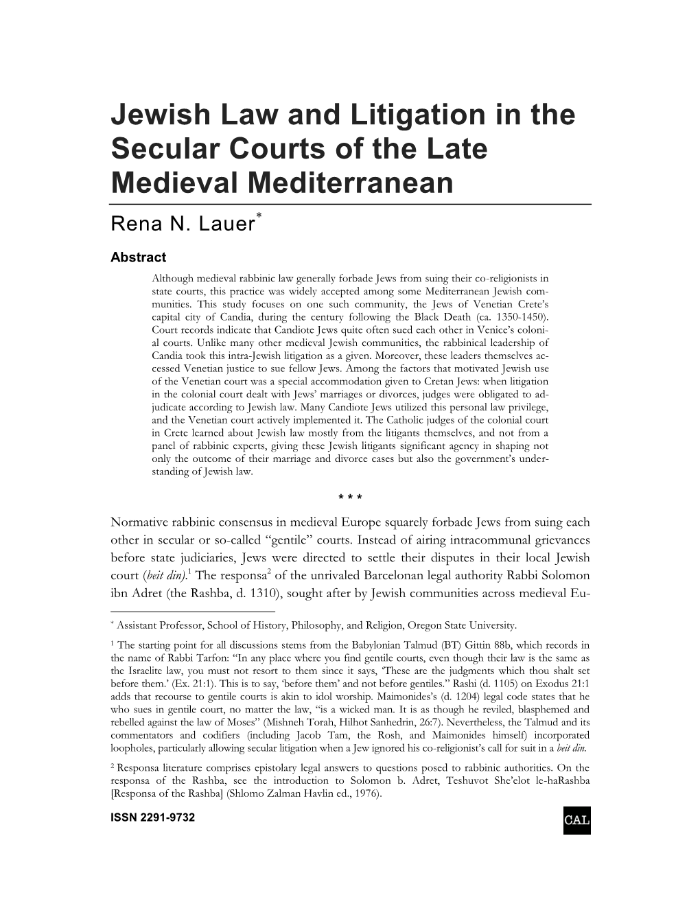 Jewish Law and Litigation in the Secular Courts of the Late Medieval Mediterranean Rena N