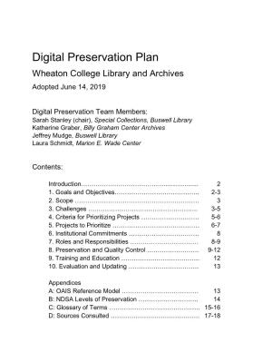Digital Preservation Plan Wheaton College Library and Archives Adopted June 14, 2019