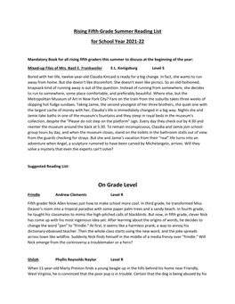 Fifth Grade Summer Reading List for School Year 2021-22