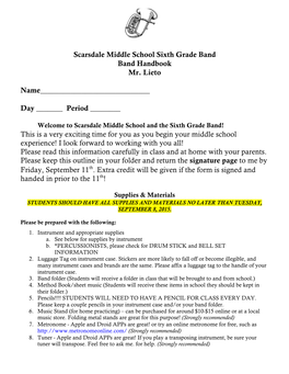 Scarsdale Middle School Sixth Grade Band Band Handbook Mr