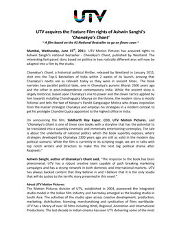 UTV Acquires the Feature Film Rights of Ashwin Sanghi's