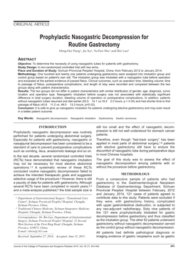 Prophylactic Nasogastric Decompression for Routine Gastrectomy Ming-Hui Pang1, Jia Xu3, Yu-Fen Wu2 and Bin Luo1