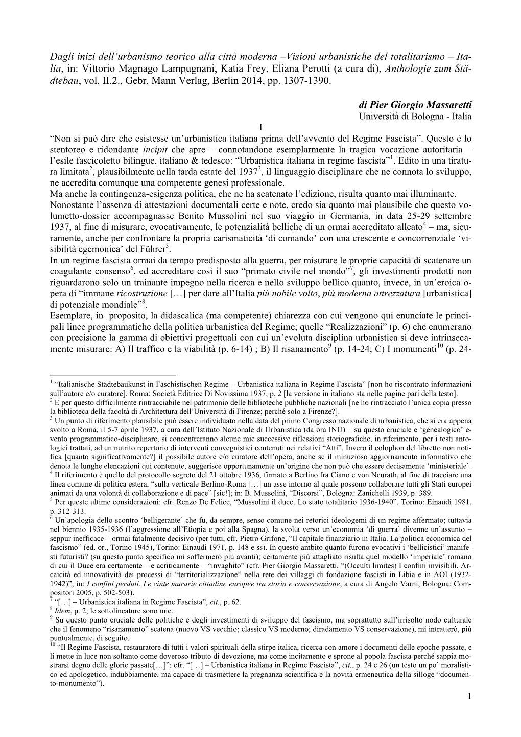 Dagli Inizi Dell'urbanismo Teorico Alla Città Moderna –Visioni Urbanistiche Del Totalitarismo – Ita- Lia, In: Vittorio Ma